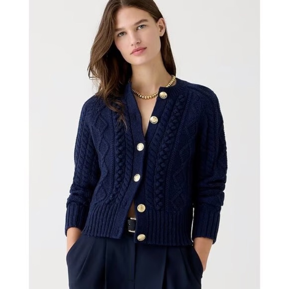 I.Crew Navy Cable Knit Sweater with Gold Buttons